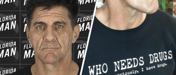 Florida Man and Drug Dealer wearing a Who Needs Drugs T-shirt